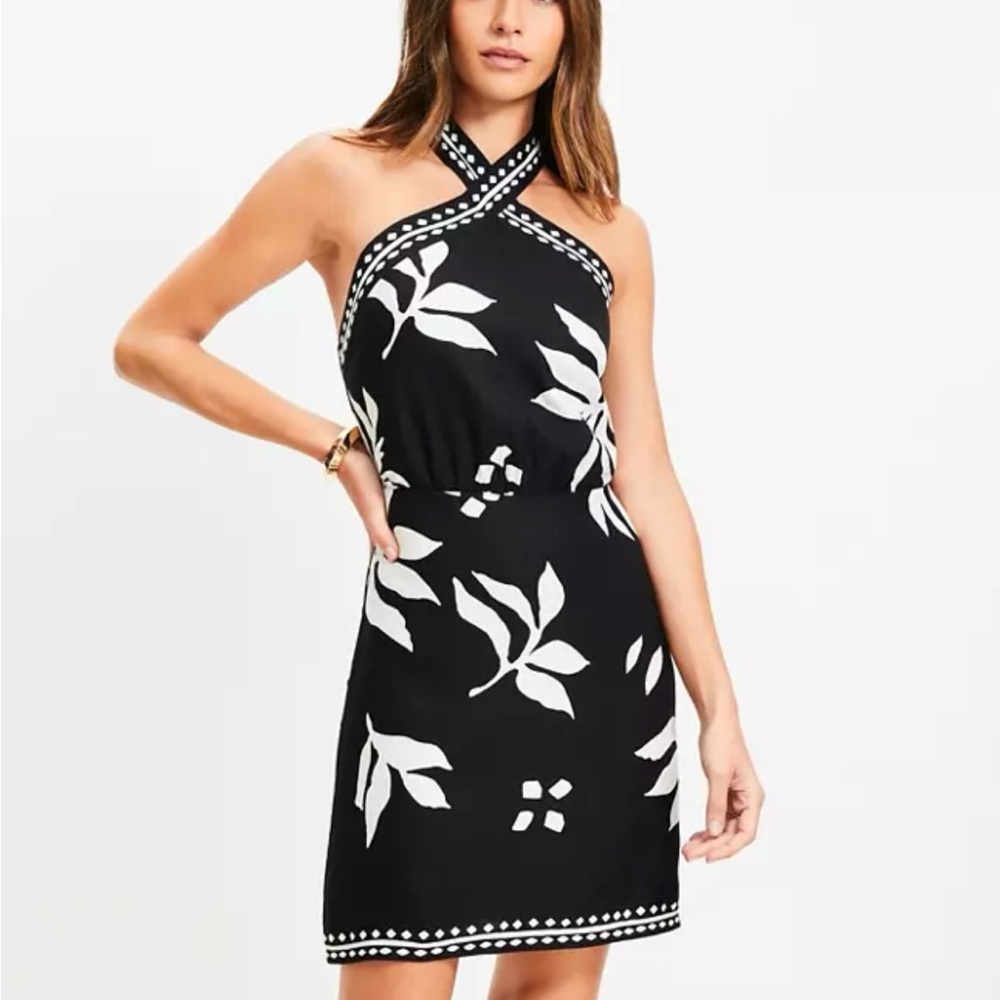 LOFT Black and Cream Patterned Dress Linen Blend Above Knee Summer Dress-Size 16